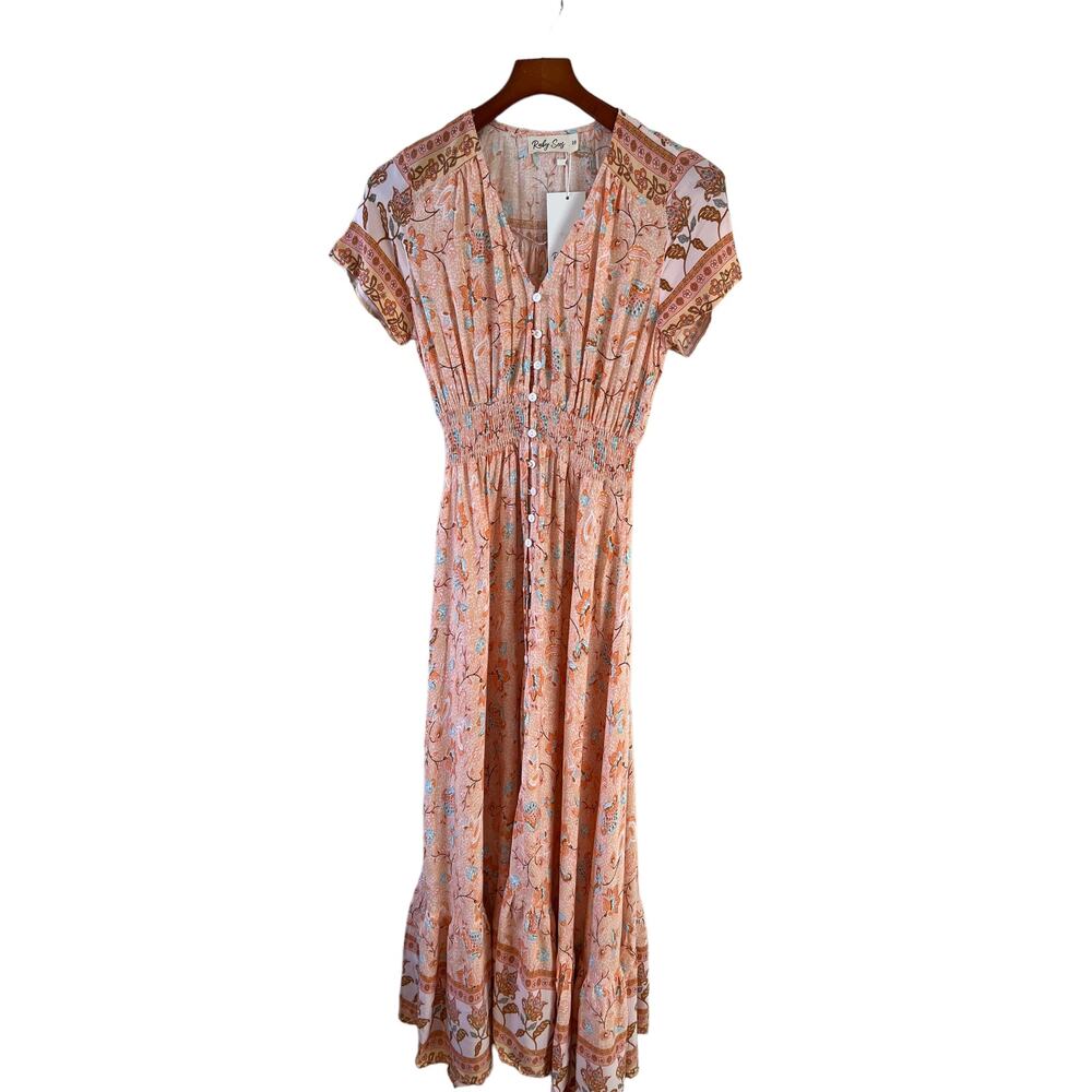Ruby Sees V Neck Button Front Maxi dress Peach Floral Print